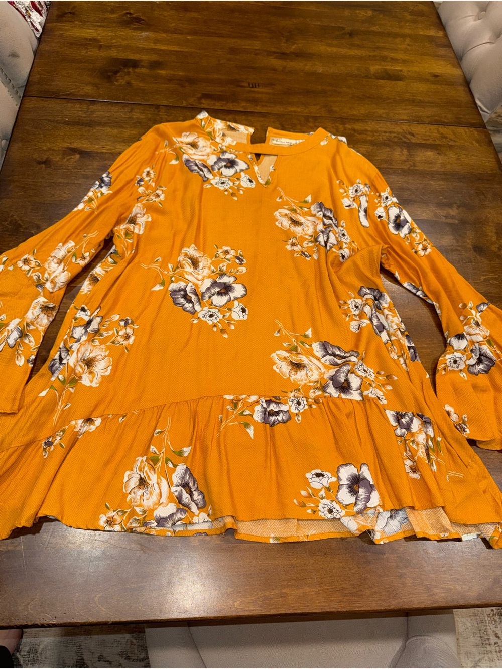 Women’s Floral Bell-Sleeve Tunic Top - Mustard